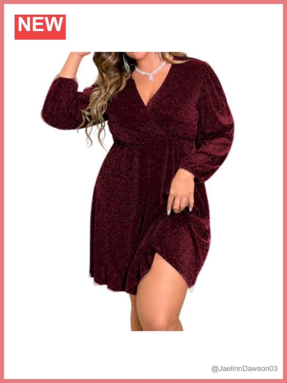 Plus Size Midi Cocktail Dress Long Sleeve V-Neck Wedding Guest